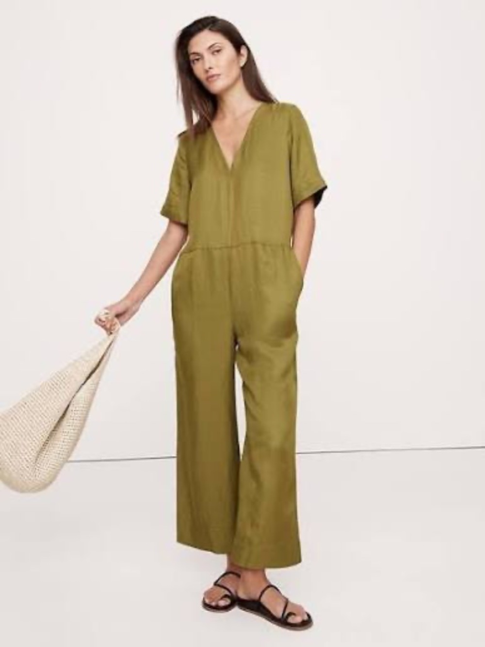Banana Republic / VISCOSE-LINEN WIDE-LEG JUMPSUIT / Olive green / Size Small